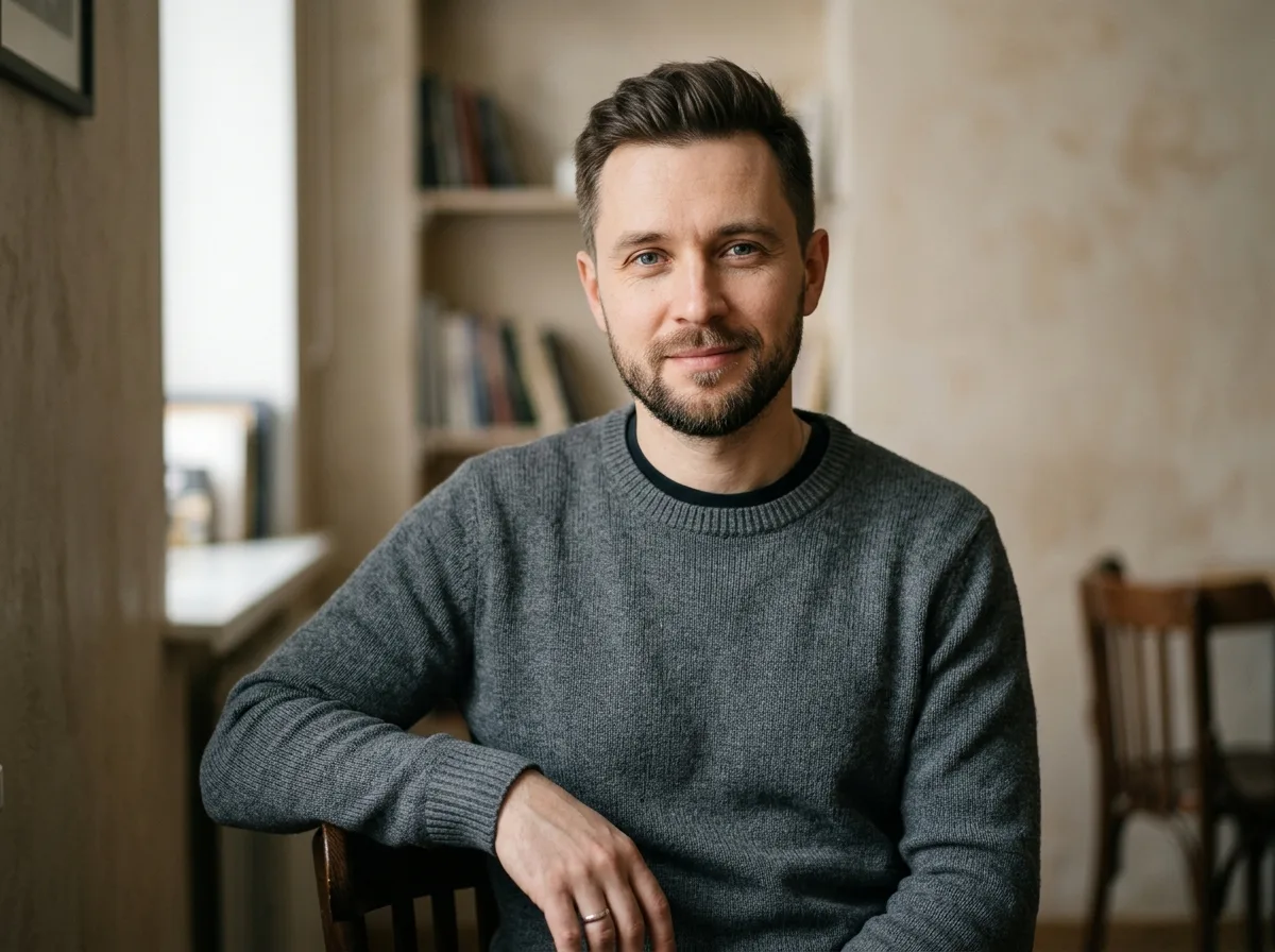 Портрет мужчины Игоря, 34 года, Екатеринбург — нейтральный фон, повседневная одежда