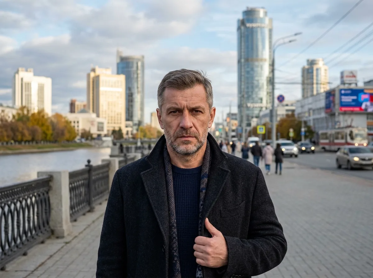 Портрет мужчины Андрея, 45 лет, серьёзный вид, городской фон Екатеринбурга