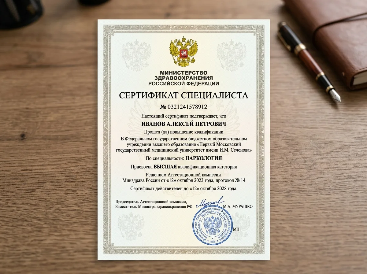 Сертификат специалиста врача-нарколога высшей категории — официальный документ Минздрава РФ с подписью